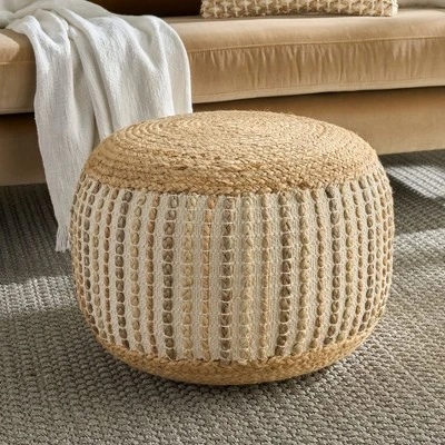 Mina Victory Lifestyle Jute Braids Cotton 20" X 20" X 12" Ivory Indoor Pouf 4 Mina Victory Lifestyle Jute Braids Cotton 20" X 20" X 12" Ivory Indoor Pouf - Image 2