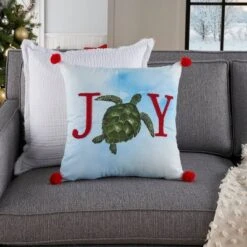 18"x18" Holiday Joy Sea Turtle Indoor Square Throw Pillow - Mina Victory: Nautical Coastal Decor, Pom Poms -Mina Victory Shop GUEST 4f205fc5 f7d3 457f 92d5 d77ae949f624