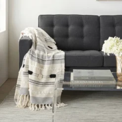 50"x60" Ribbed With Pom-Pom Throw Blanket Black/Ivory - Mina Victory -Mina Victory Shop GUEST 5e760b63 7e1e 4ff1 b3e3 a5ef0858b96f