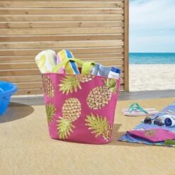 Mina Victory Pineapple Hot Pink Beach Tote Bag