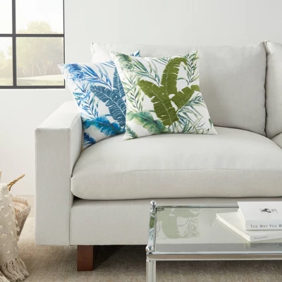 18"x18" Life Styles Towel Embroidered Palm Leave Square Throw Pillow Blue - Mina Victory 3 18"x18" Life Styles Towel Embroidered Palm Leave Square Throw Pillow Blue - Mina Victory