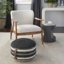 Mina Victory Woven Stripes Outdoor Pouf With Handle